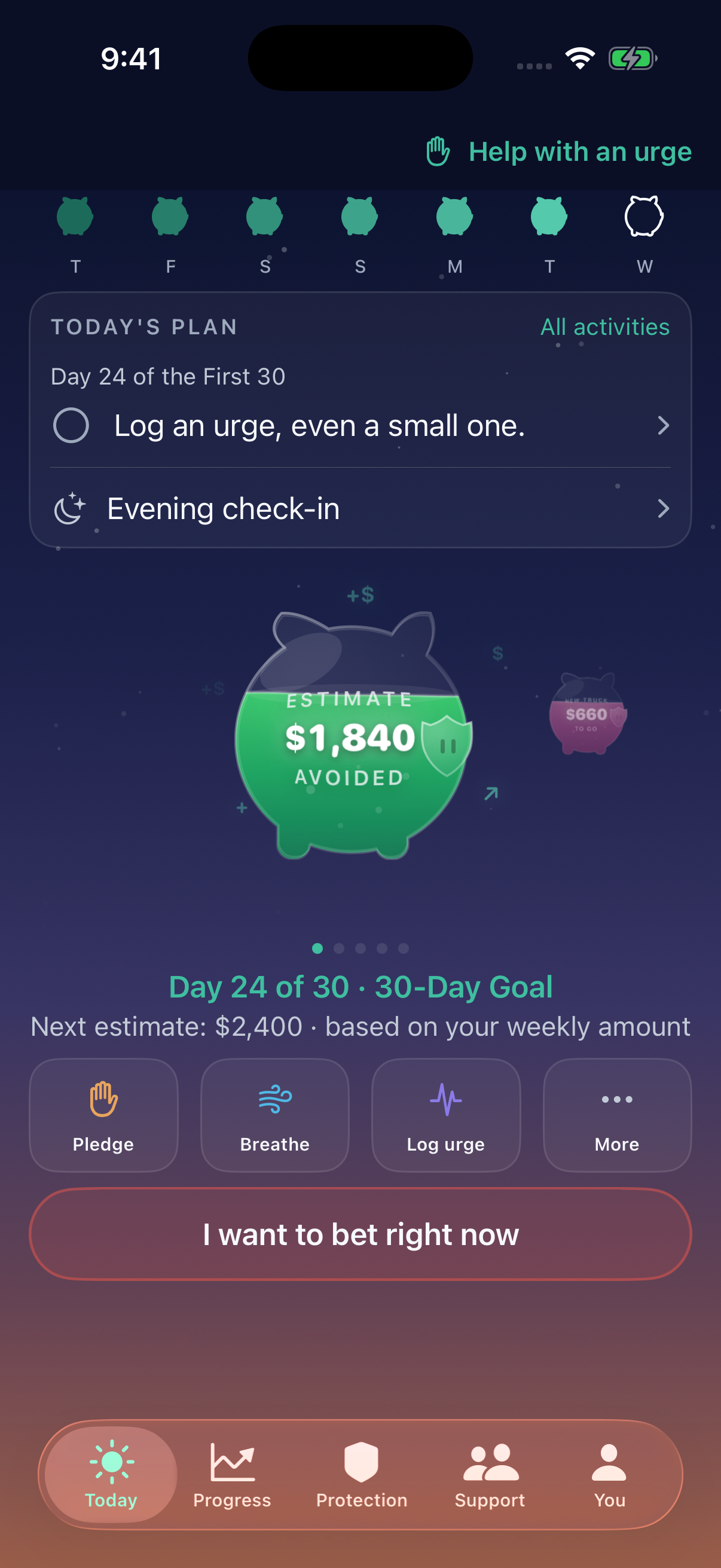 Banked development preview showing a daily check-in, recovery streak, and estimated savings.