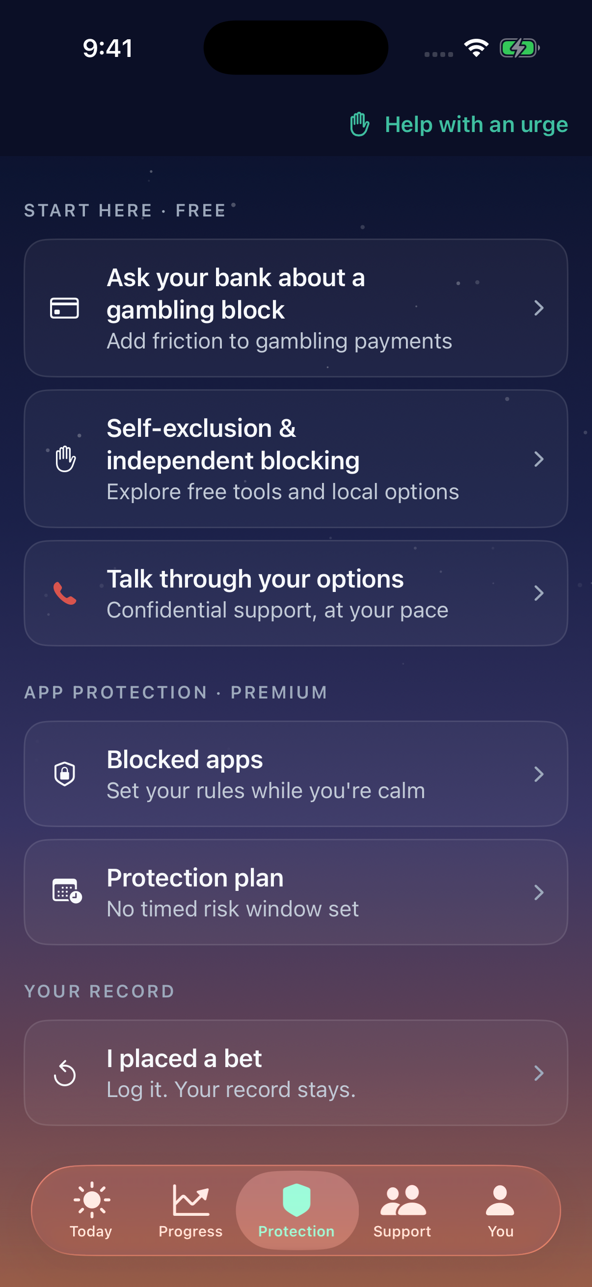 Protection shows free bank-block and self-exclusion guides above optional Premium app blocking.